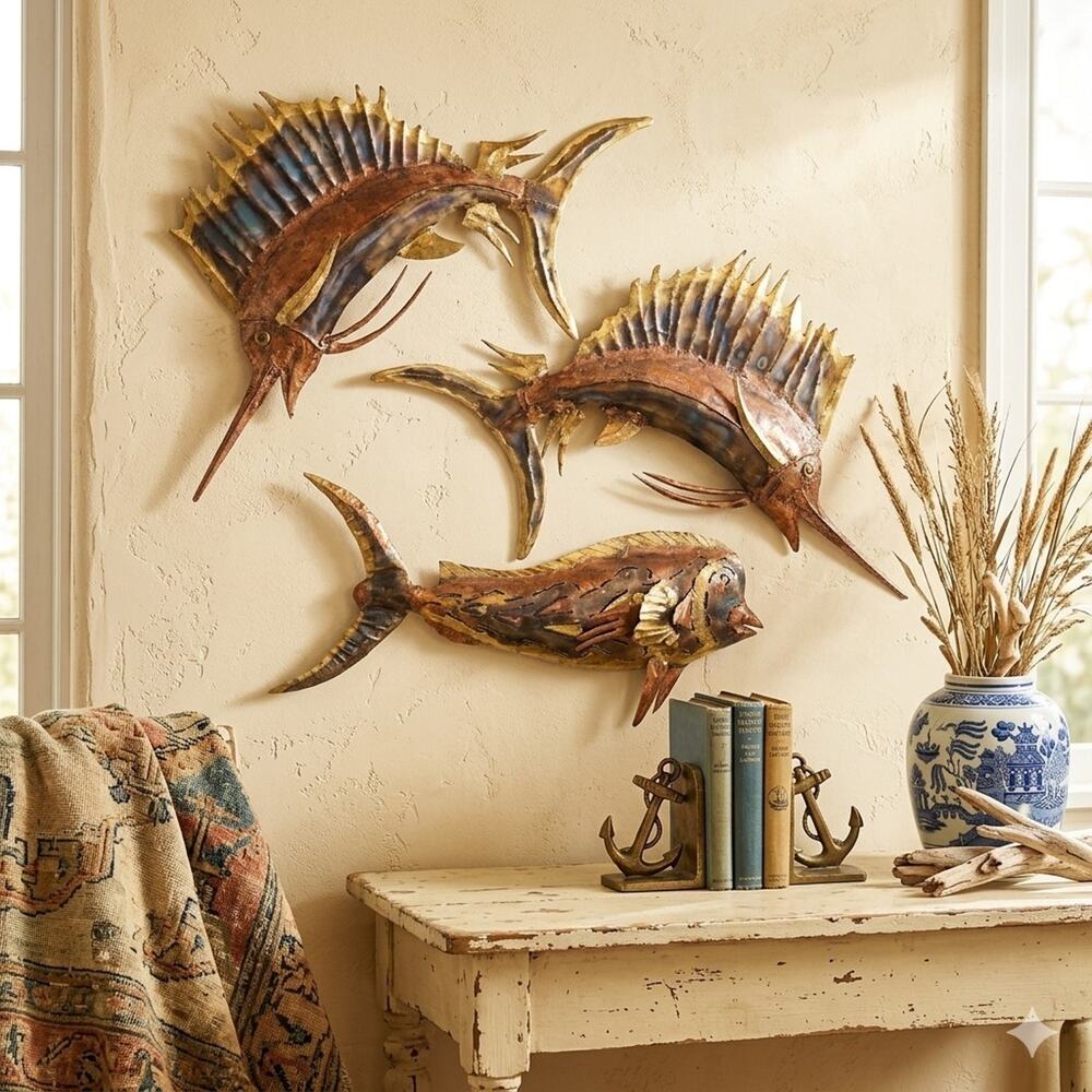 Vtg Copper Fish Torch Cut Wall Art Sculpture Nautical Coastal Brutalist MCM 3pcs